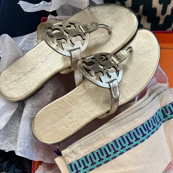 Tory Burch Gold Miller Sandals 9 - Picture 2 of 9